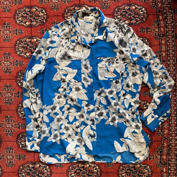 Covet L Azure Blue White Floral Print Long Sleeve Button Front Polyester Blouse - Picture 1 of 8
